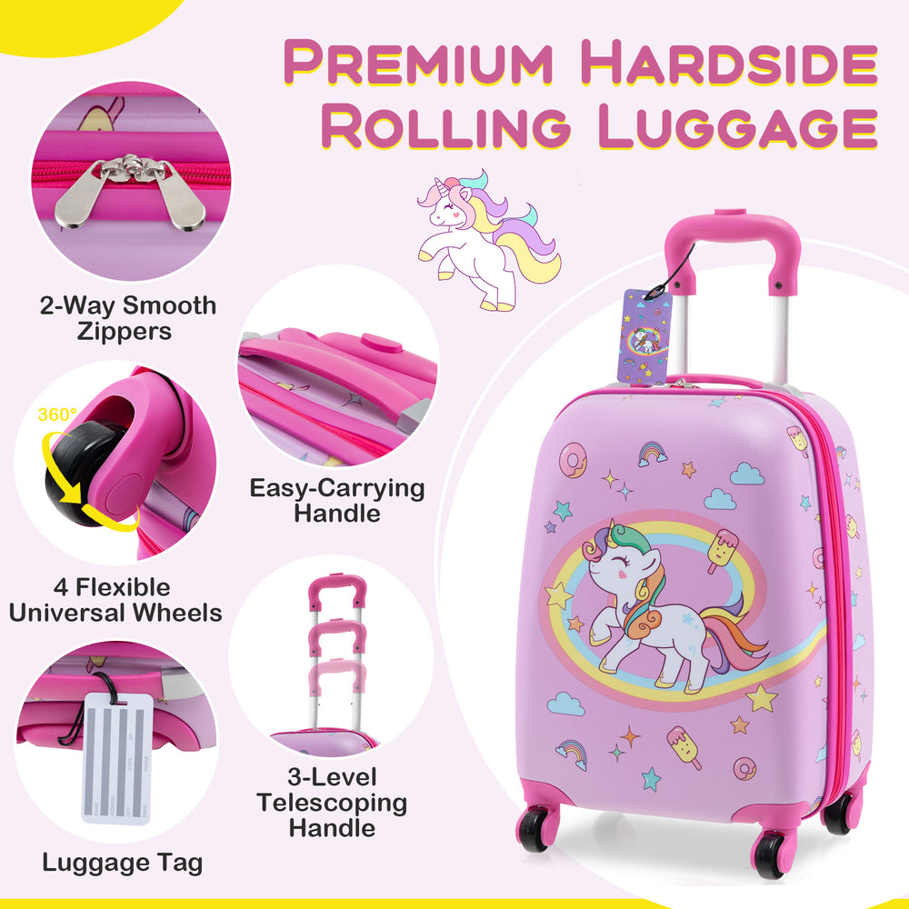 Kids' hot pink rolling suitcase with unicorn design, 4 universal wheels, and adjustable handle for easy travel.