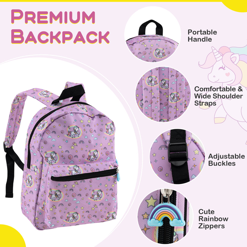 Kids' premium backpack in hot pink with unicorn print, adjustable straps, and large front pocket for organized packing.
