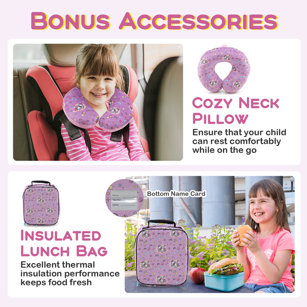 Cozy neck pillow and insulated lunch bag from the 5 Piece Kids Luggage Set in hot pink, perfect for travel comfort.