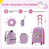 5-piece kids luggage set in hot pink featuring a suitcase, backpack, lunch bag, neck pillow, and name tag for travel.