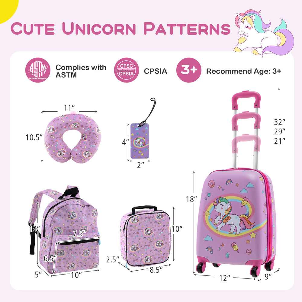5-piece kids luggage set in hot pink featuring a suitcase, backpack, lunch bag, neck pillow, and name tag for travel.