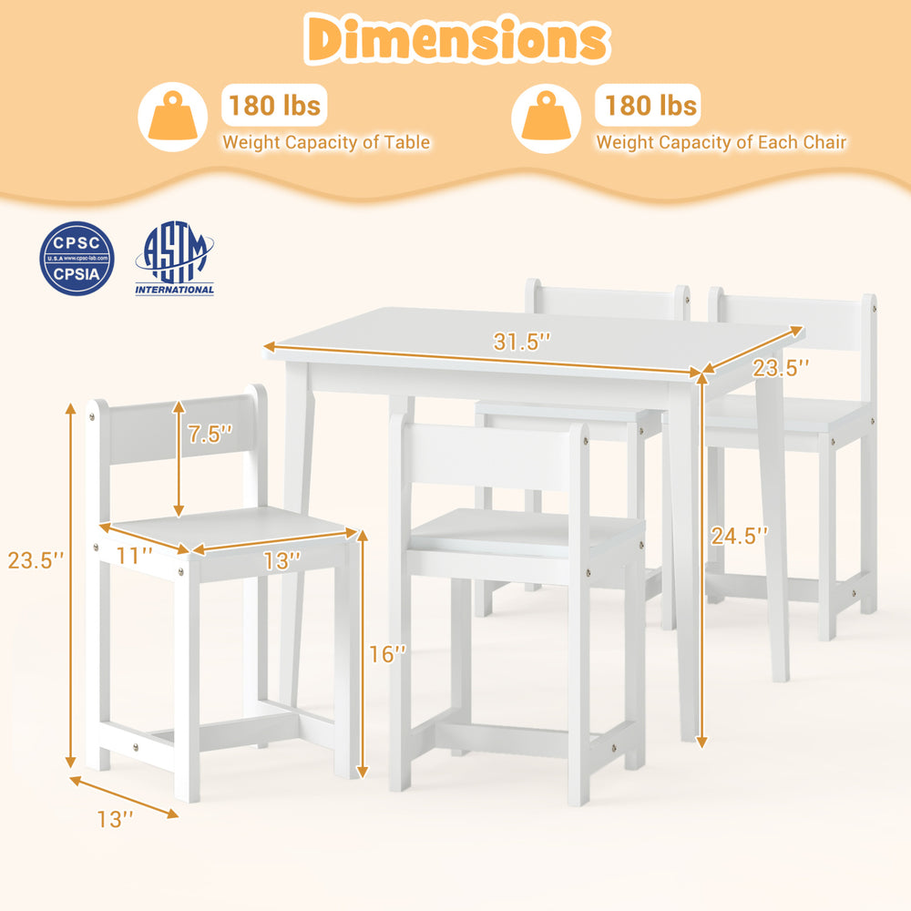 5-piece kids table and chairs set in white, made of solid rubber wood, ideal for playrooms and nurseries.