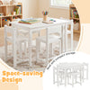 5-piece kids table and chairs set in white, made of solid rubber wood, perfect for playrooms and space-saving storage.