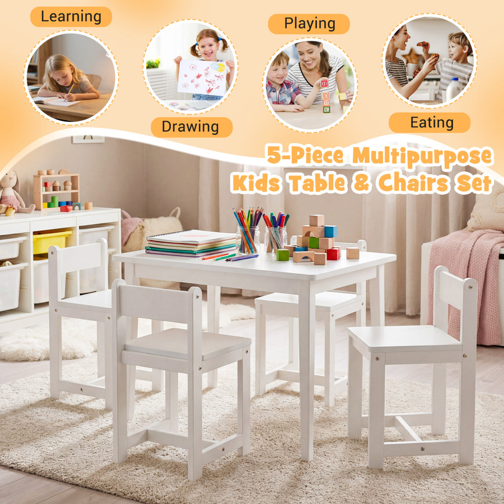 5-piece kids table and chairs set in white, made of solid rubber wood, perfect for learning, drawing, and playing.