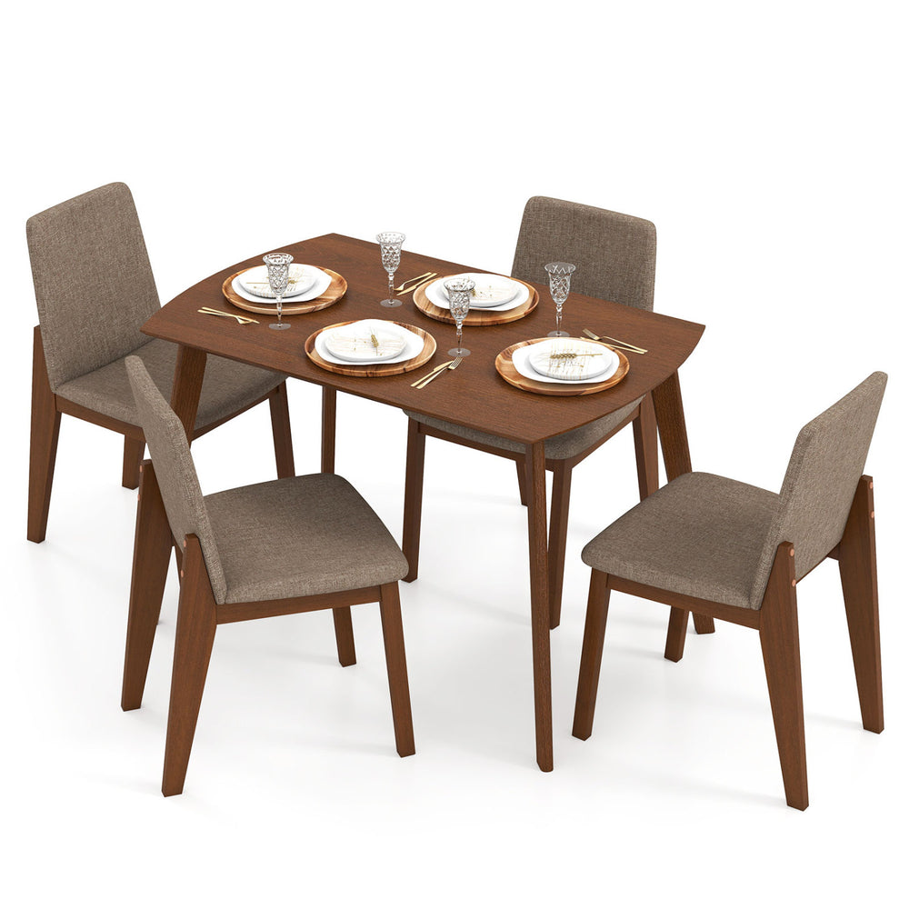 5-piece kitchen table set with light brown rubber wood frame and upholstered chairs, perfect for dining in farmhouse style.