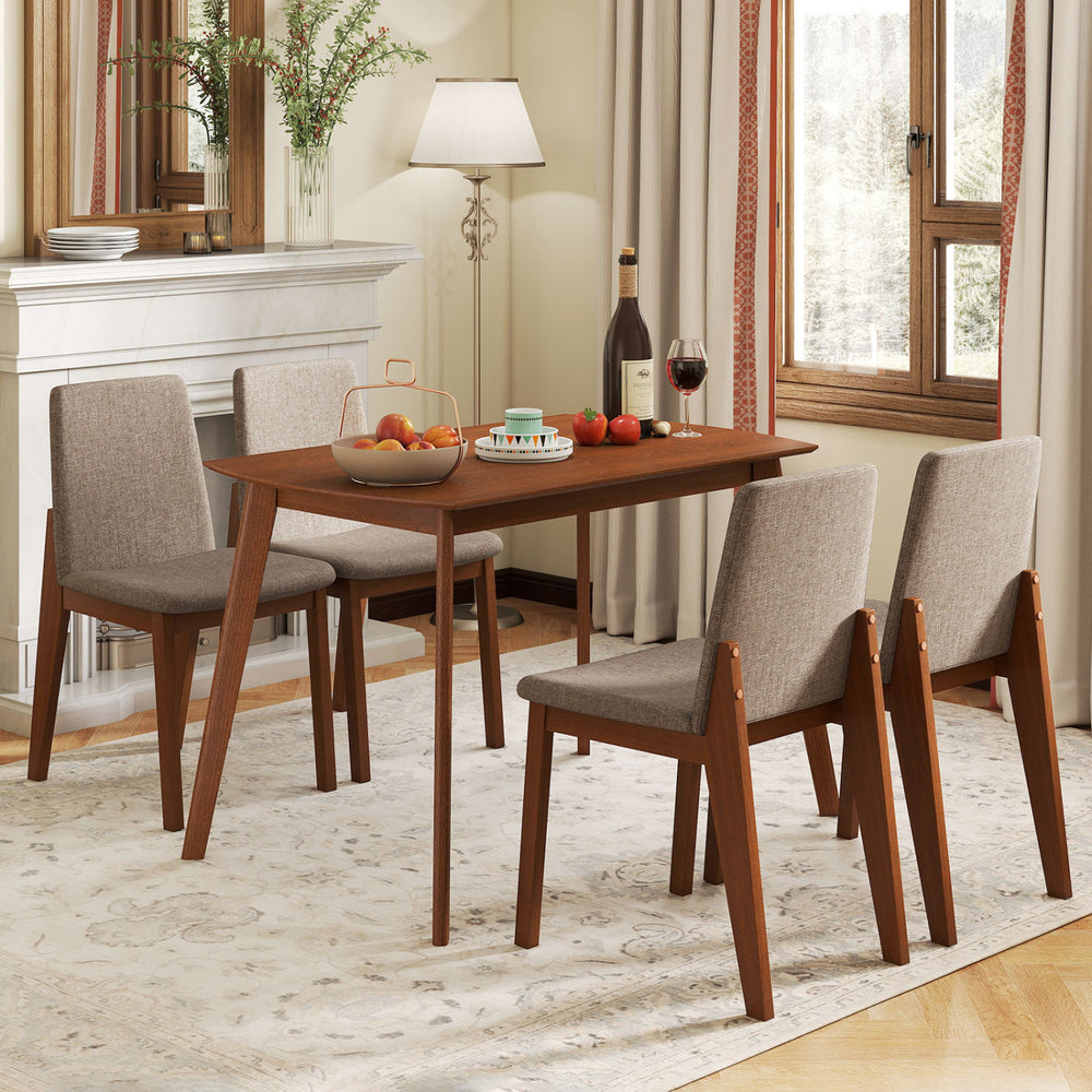 Light brown 5-piece kitchen table set with upholstered chairs, featuring padded seats and a sturdy rubber wood frame.