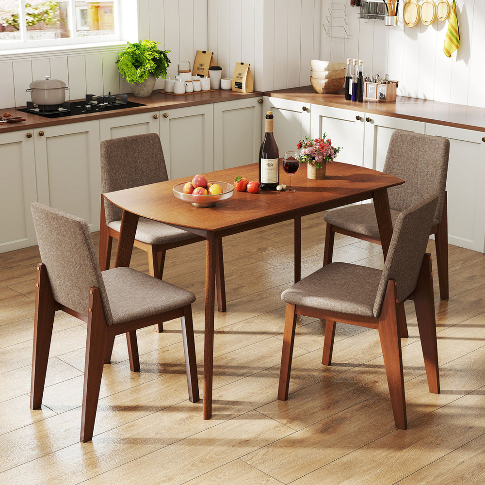 Light brown 5-piece kitchen table set with upholstered chairs, featuring padded seats for comfort and a farmhouse style.