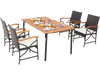Outdoor dining set featuring an acacia wood table and hand-woven PE rattan chairs with cushions, perfect for patio.