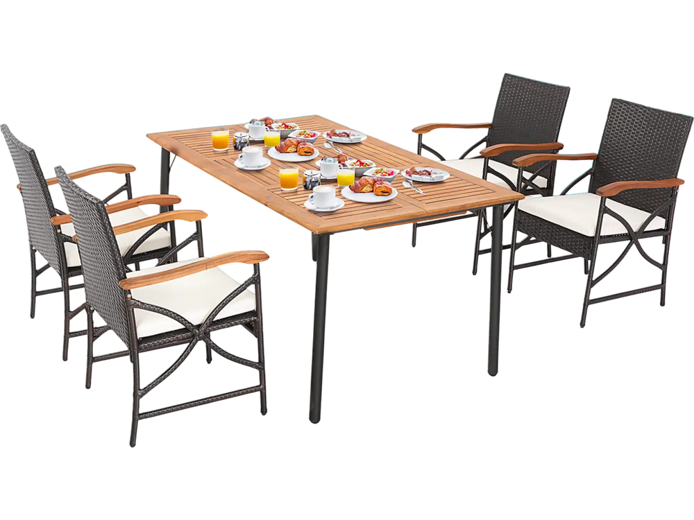 Outdoor dining set featuring an acacia wood table and hand-woven PE rattan chairs with cushions, perfect for patio.
