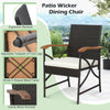 Patio wicker dining chair with acacia wood armrests, ergonomic backrest, and adjustable footpads for outdoor comfort.