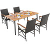 5-piece outdoor dining set featuring an acacia wood table and hand-woven PE rattan chairs with cushions for comfortable.
