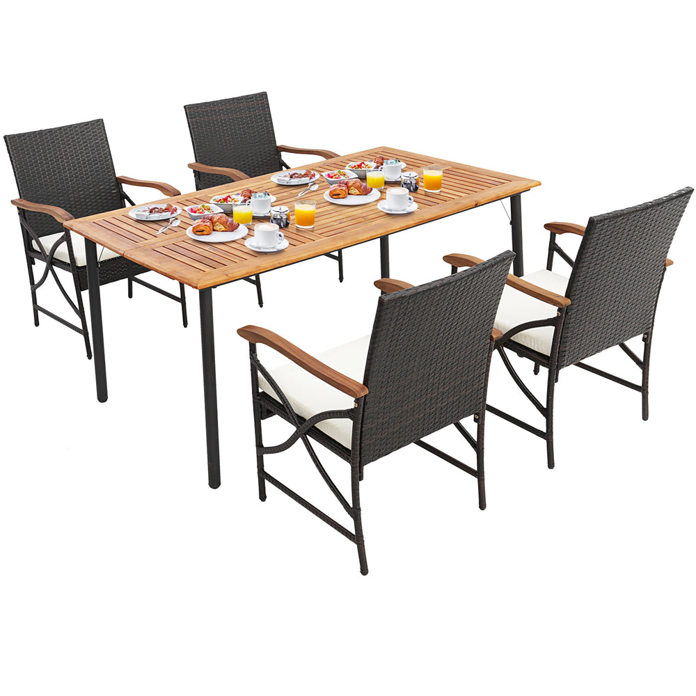 5-piece outdoor dining set featuring an acacia wood table and hand-woven PE rattan chairs with cushions for comfortable.