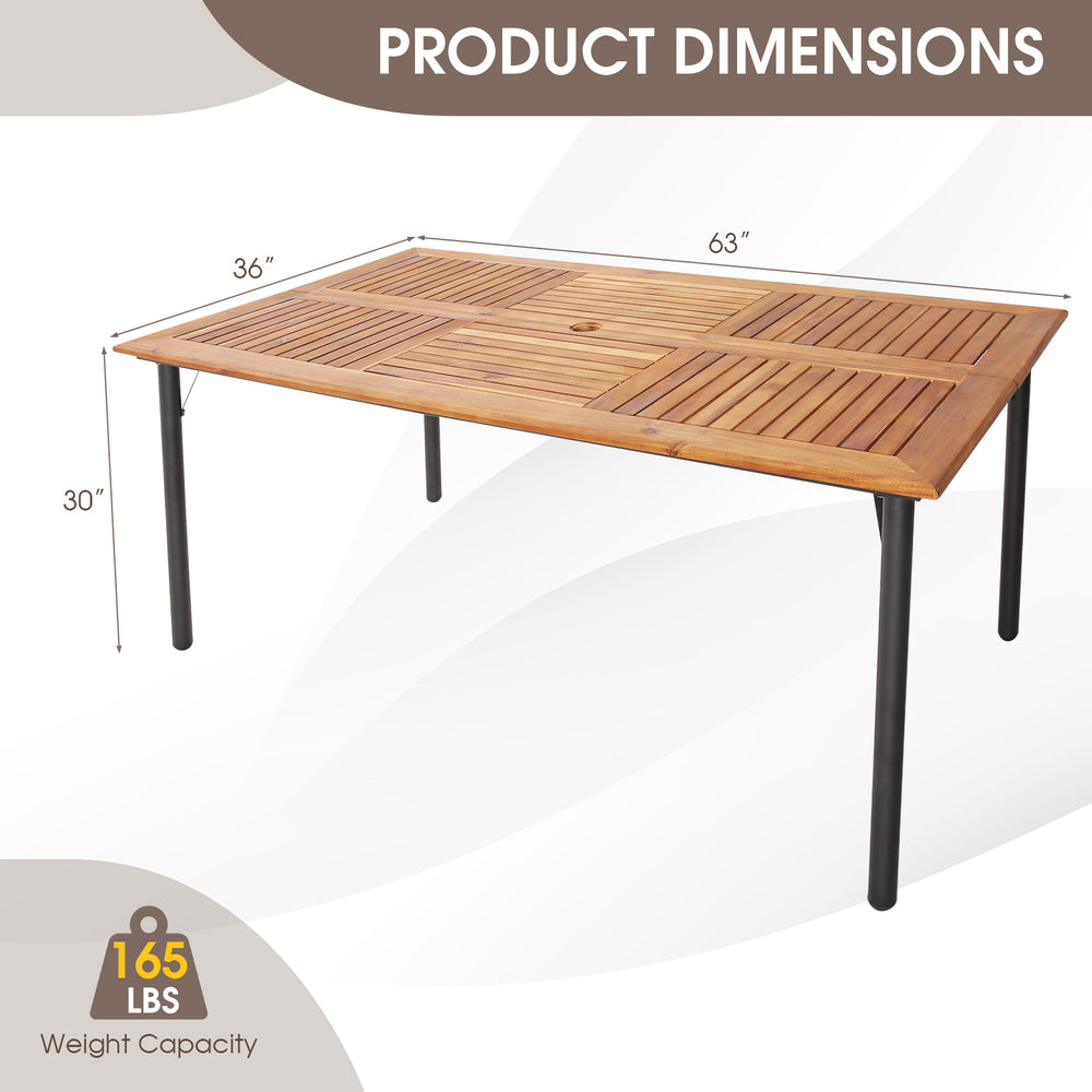 Acacia wood tabletop of the outdoor dining set, featuring dimensions of 63" x 36" x 30", designed for durability and.