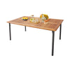 Acacia wood outdoor dining table with metal legs, featuring a modern design and umbrella hole, perfect for outdoor.