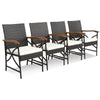 Four outdoor dining chairs made of hand-woven PE rattan with soft cushions, featuring ergonomic armrests for comfort.