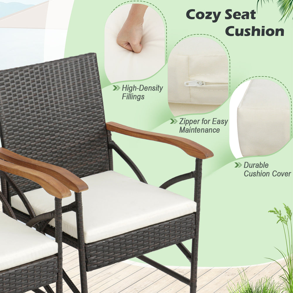 Cozy seat cushion with high-density fillings and zipper for easy maintenance on a hand-woven PE rattan chair.