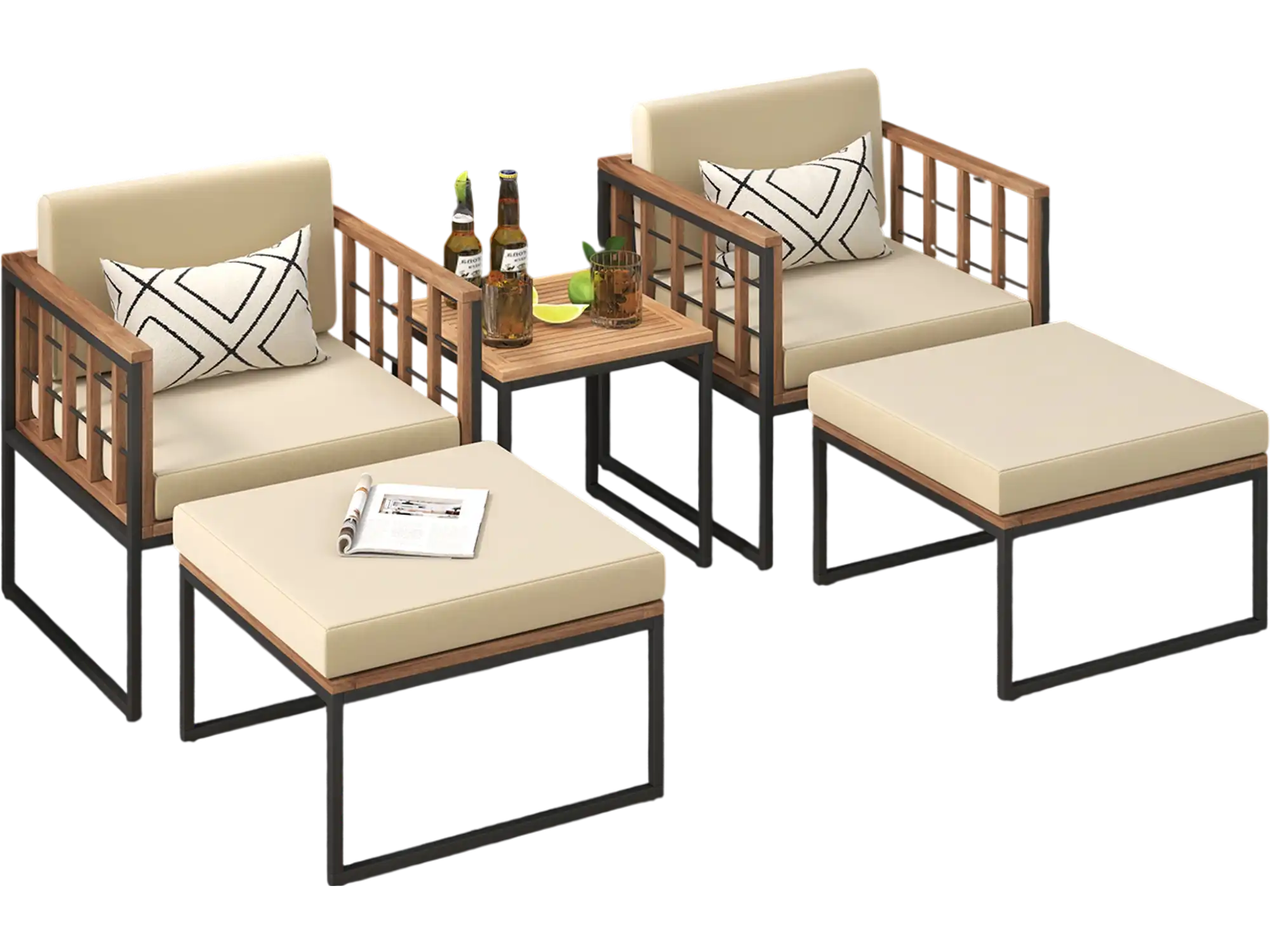 Costway 5-Piece Outdoor Patio Furniture Set Acacia Wood Chairs Ottomans Coffee Table Beige 78692315 New