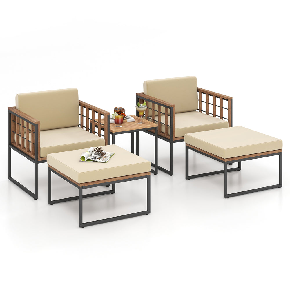 5-piece outdoor furniture set featuring acacia wood chairs, ottomans, and coffee table with beige cushions for backyard.