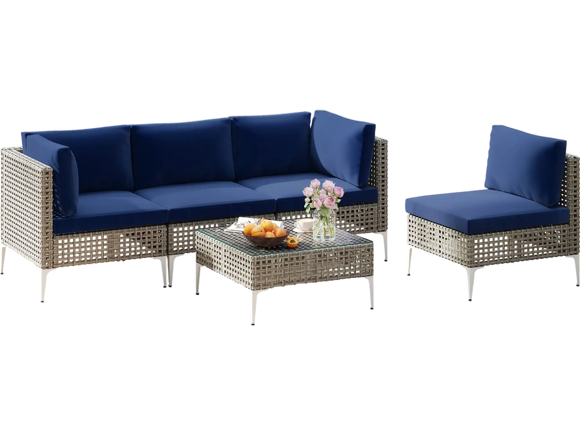Costway 5-Piece Outdoor Patio Rattan Sofa Set with Glass Coffee Table Navy 634852971 New