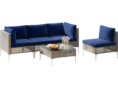 Costway 5-Piece Outdoor Patio Rattan Sofa Set with Glass Coffee Table Navy 634852971 New