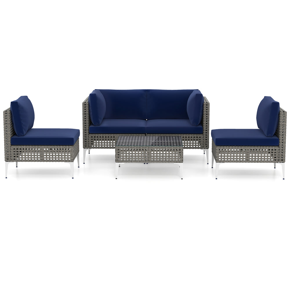 5-piece outdoor furniture set featuring navy cushions, elegant PE rattan, and a tempered glass coffee table for patio.