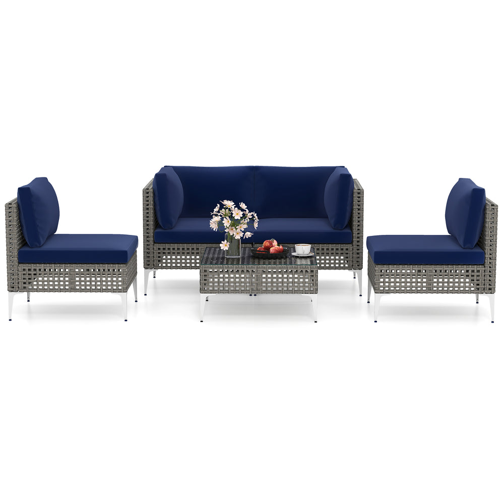 5-piece outdoor furniture set featuring navy cushions, PE rattan chairs, and a tempered glass coffee table for patio.