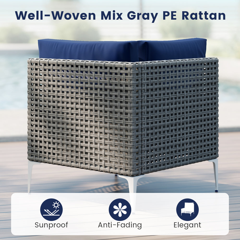 Single patio chair in mix gray PE rattan with navy cushion, ideal for outdoor use and backyard relaxation.