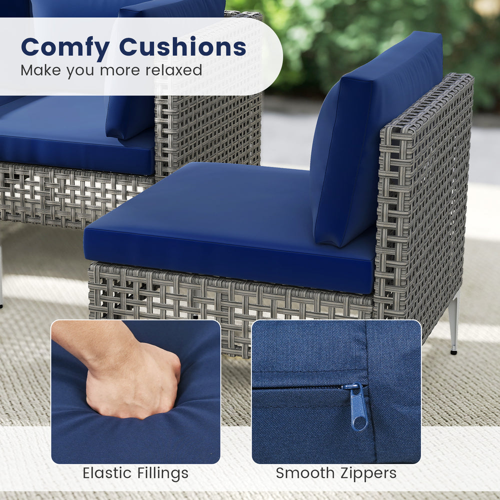 Navy cushion detail of 5-piece outdoor rattan furniture set with zippered covers for easy maintenance and comfort.