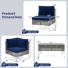 Dimensions of the 5-piece outdoor furniture set with navy cushions, featuring a PE rattan design and tempered glass.