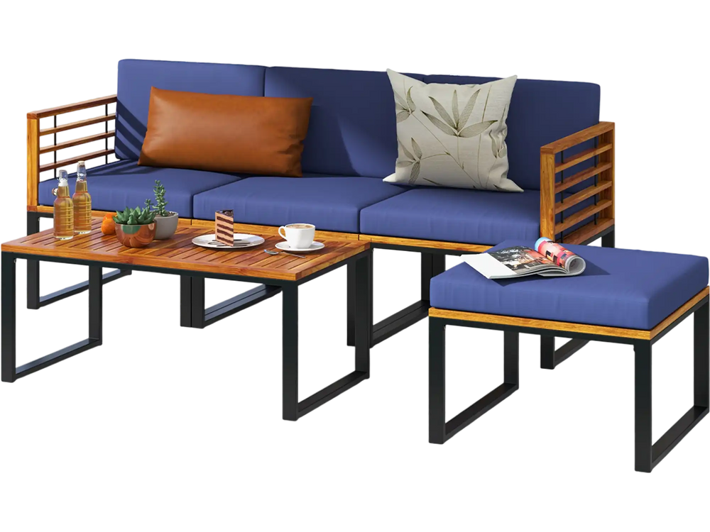 5-piece patio acacia wood chair set with navy cushions, featuring a coffee table and ottoman, ideal for poolside.