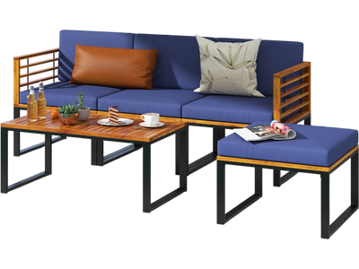 Costway 5-Piece Patio Acacia Wood Chair Set Ottoman Coffee Table Navy 93654728 New