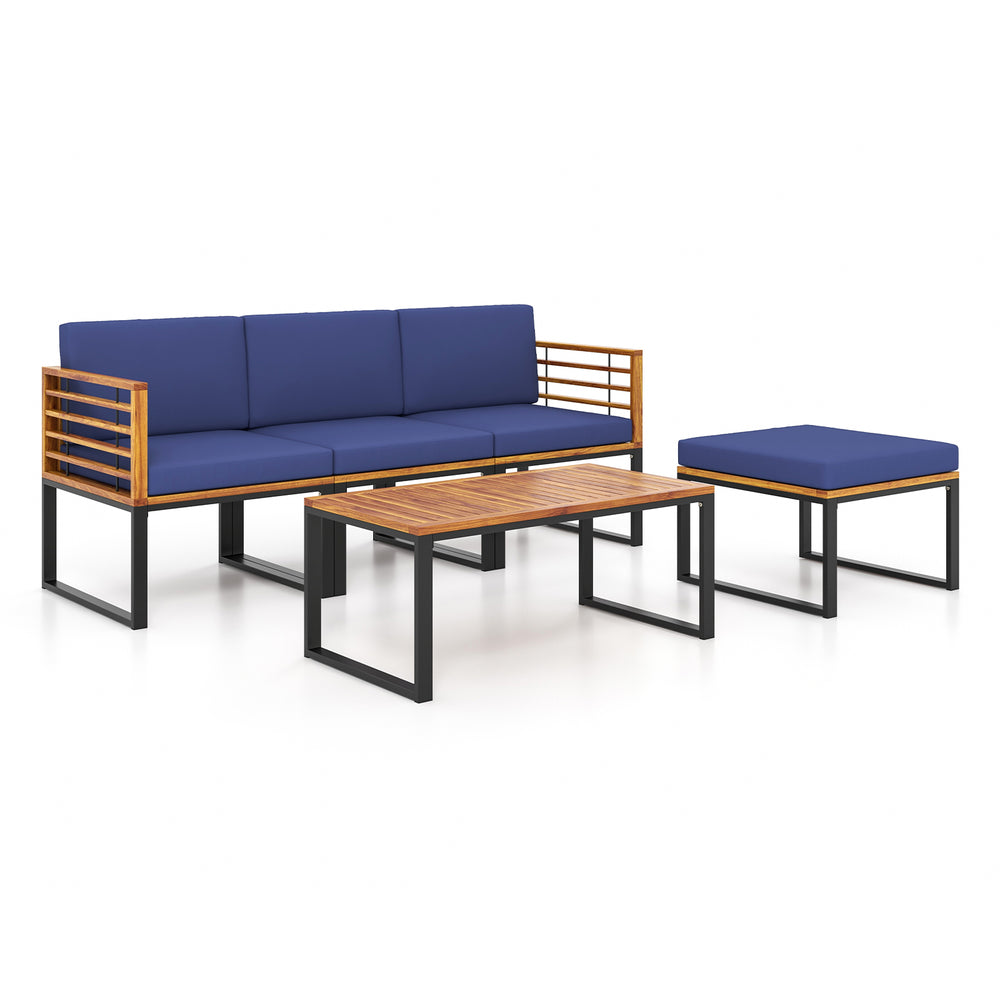5-piece patio set featuring navy cushions, acacia wood accents, and a coffee table, ideal for outdoor relaxation.