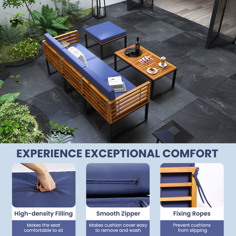 5-piece patio acacia wood chair set with navy cushions, featuring a coffee table and ottoman for versatile outdoor.