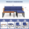 5-piece patio acacia wood chair set with navy cushions, featuring a coffee table and ottoman for outdoor relaxation.