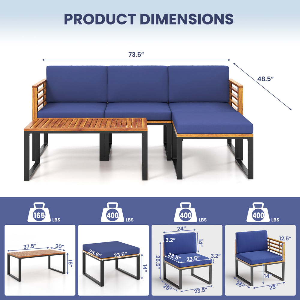 5-piece patio acacia wood chair set with navy cushions, featuring a coffee table and ottoman for outdoor relaxation.