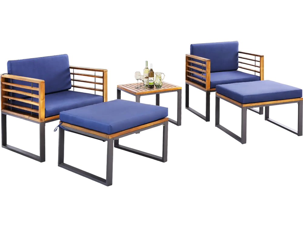 5-piece patio acacia wood chair set with navy cushions, including ottomans and coffee table, ideal for outdoor.