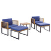 5-piece patio acacia wood chair set with navy cushions, including ottomans and coffee table, ideal for backyard.