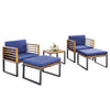 5-piece patio acacia wood chair set with navy cushions, including ottomans and coffee table, perfect for outdoor.