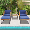 5-piece patio acacia wood chair set with navy cushions, including ottomans and coffee table, ideal for poolside.