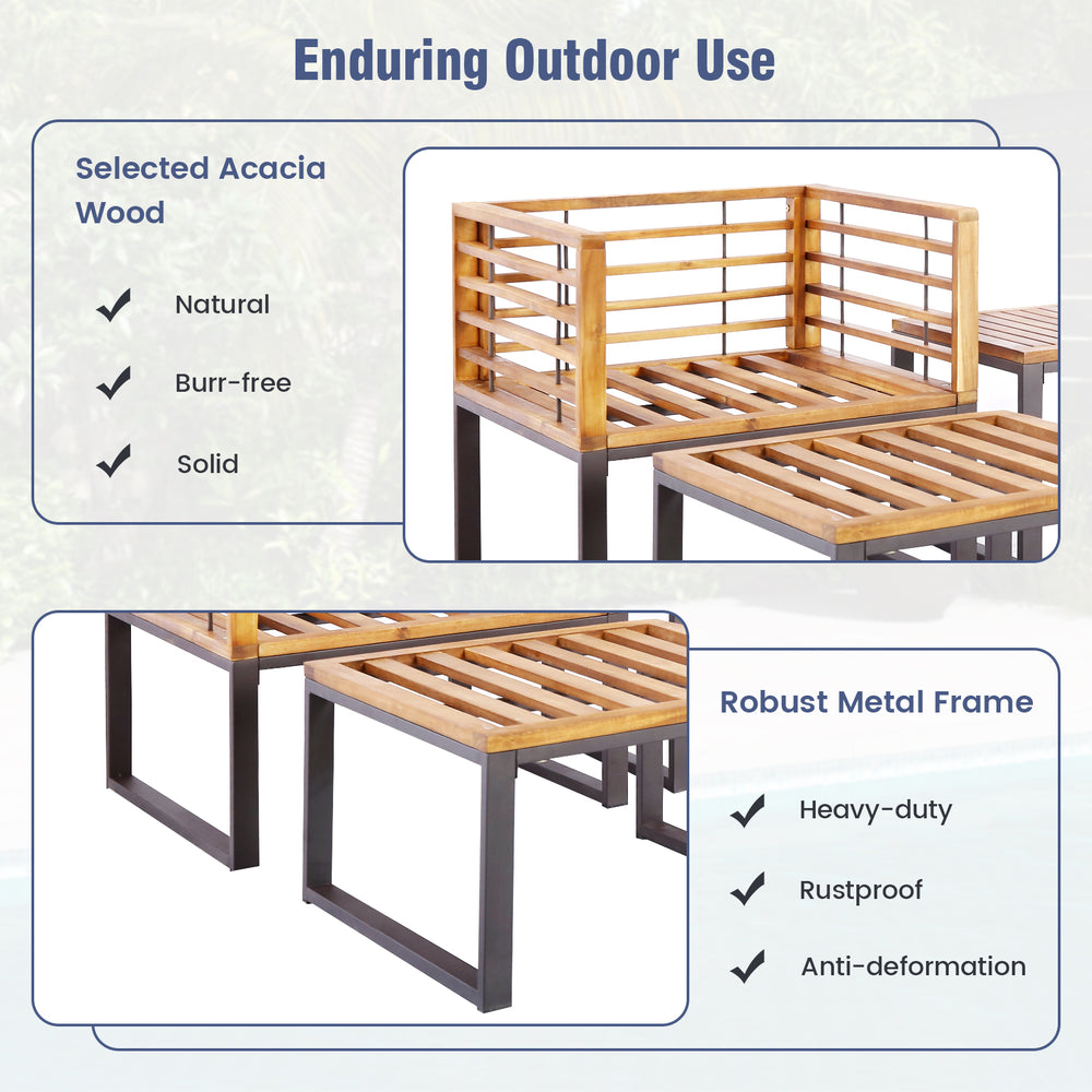 Corner view of the 5-piece patio acacia wood chair set with navy cushions, featuring a rustproof metal frame for.