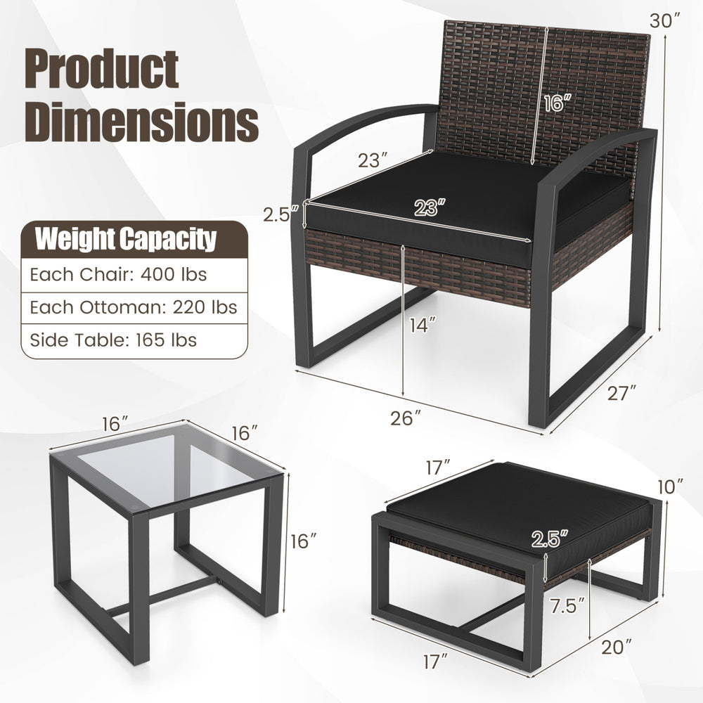 Close-up of the 5-piece patio conversation set featuring a black PE rattan chair with soft cushions and a tempered.