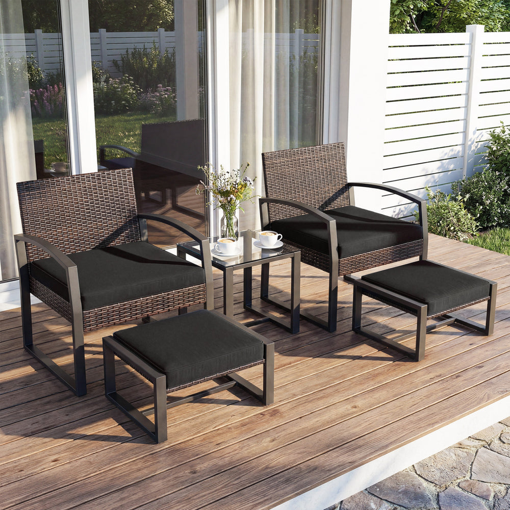 5-Piece Patio Conversation Set with 2 Ottomans and Tempered Glass Side Table-Black - Gallery View 1 of 11