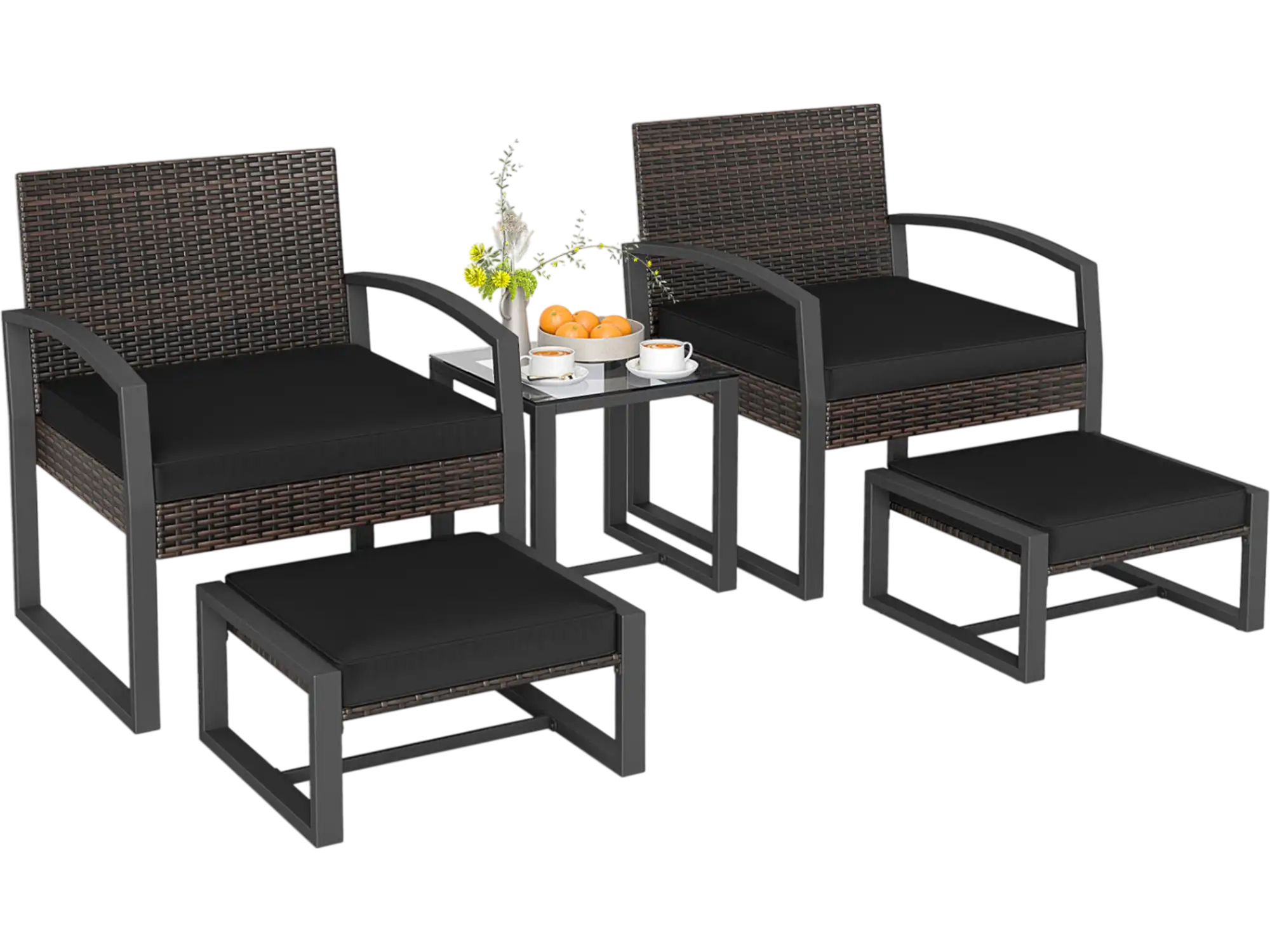 Costway 5-Piece Patio Conversation Set w/ 2 Ottomans Tempered Glass Side Table 27739683 New