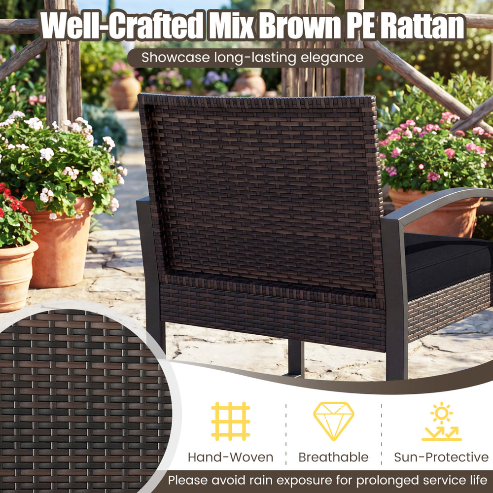 Mix brown PE rattan chair with soft sponge cushion and ergonomic armrests, ideal for outdoor relaxation.