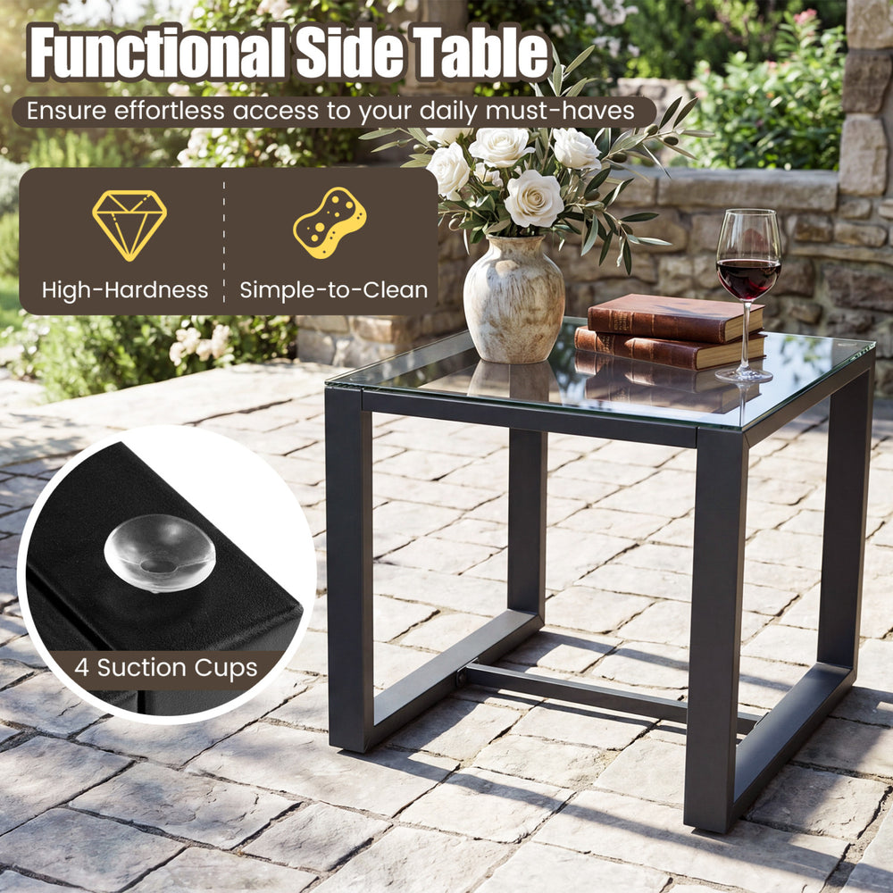 Tempered glass side table with 4 suction cups, part of a 5-piece patio conversation set for outdoor relaxation.