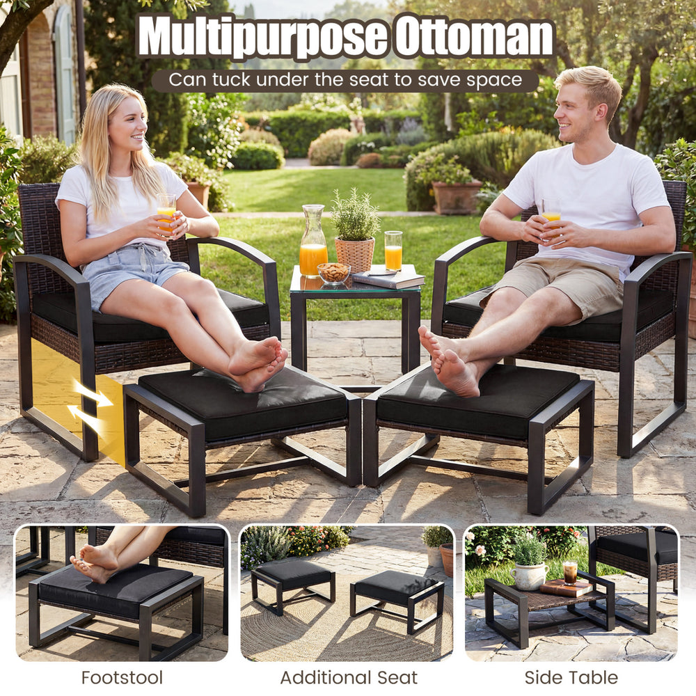 5-piece patio conversation set featuring 2 versatile ottomans and a tempered glass side table for outdoor relaxation.