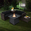 5-piece patio furniture set featuring a 50,000 BTU propane fire pit table and black cushions for outdoor gatherings.