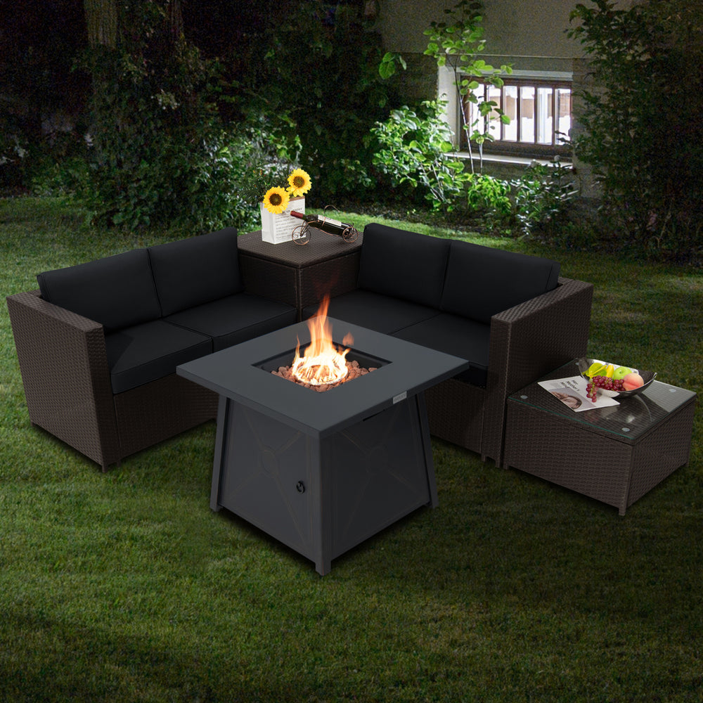 5-piece patio furniture set featuring a 50,000 BTU propane fire pit table and black cushions for outdoor gatherings.