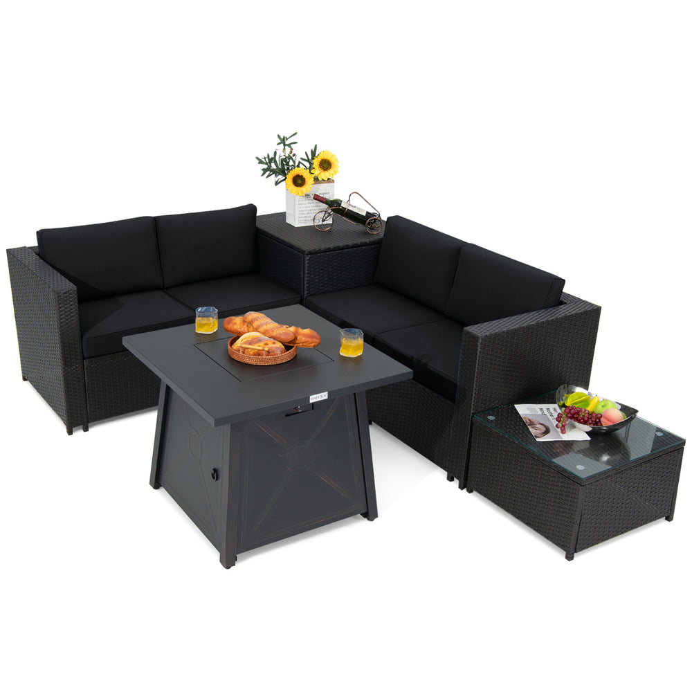 5-piece patio furniture set featuring a black PE wicker design, soft cushions, and a propane fire pit table for outdoor.