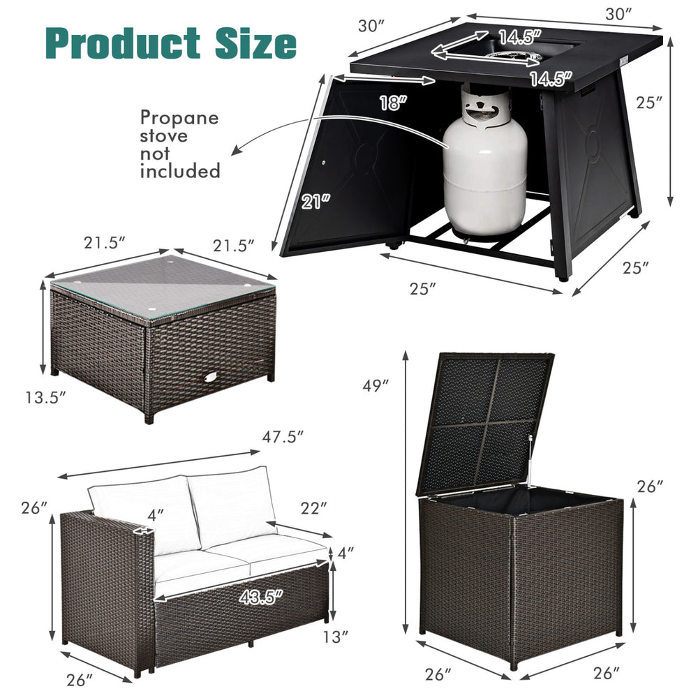 5-piece patio furniture set featuring a black propane fire pit table with removable lid and soft cushions for outdoor.